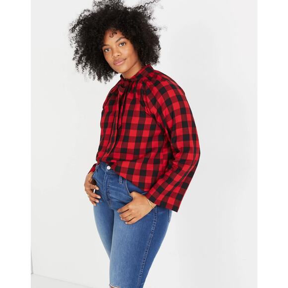 Madewell Tops - Madewell Buffalo Check Tie-Neck Shirt Red Black M